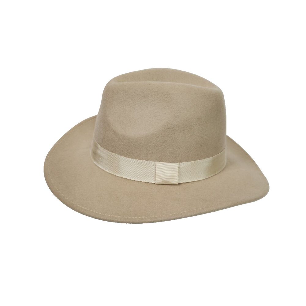 H&M 100% Wool Felt Wide Brim Fedora Hat Taupe Ribbon Trim Women's L Boho Chic